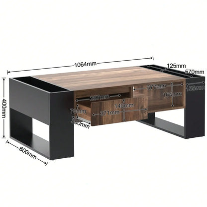 Table Basse En Bois Elora – Effet Bois & Noir avec Tiroir et Rangement Multiples