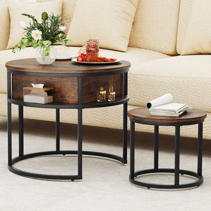 Tables Basses Gigognes Nesto – Ensemble Rond Vintage Bois & Métal avec Plateau Relevable