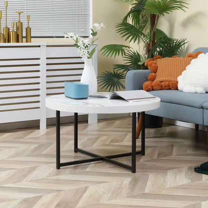 Table Basse Ronde Ardea – Ronde Effet Marbre Blanc & Pieds Métal Noir