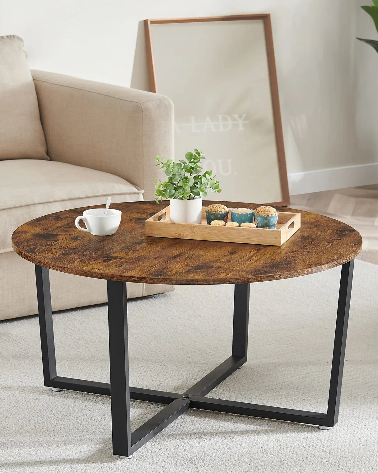 Table Basse Ronde Eden – Bois Rustique & Métal Noir