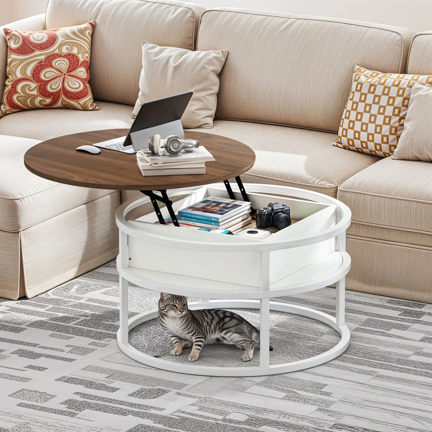 Table Basse Relevable Capri – Ronde avec Rangements Intégrés