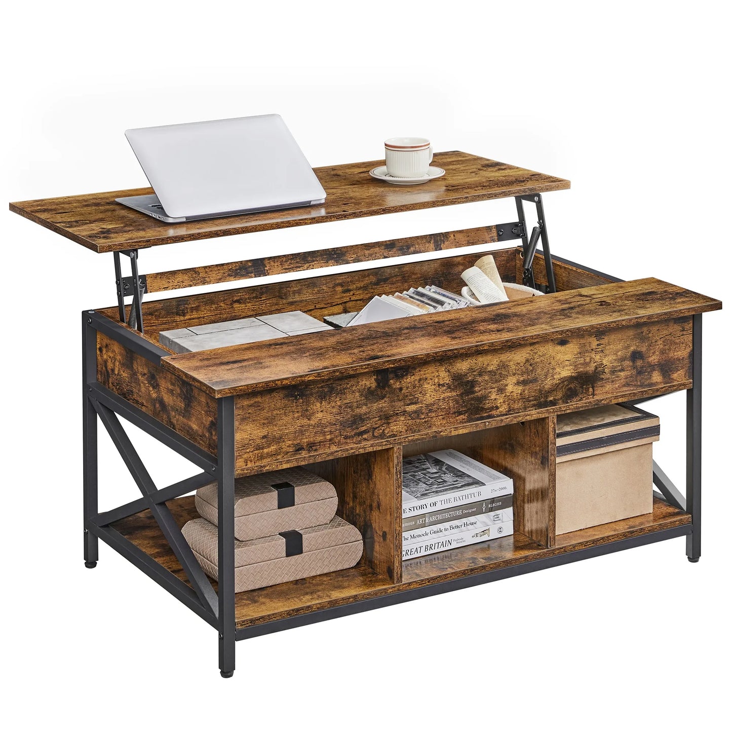 Table Basse Relevable Kaelan – Bois & Métal avec Rangement