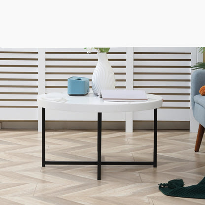 Table Basse Ronde Ardea – Ronde Effet Marbre Blanc & Pieds Métal Noir