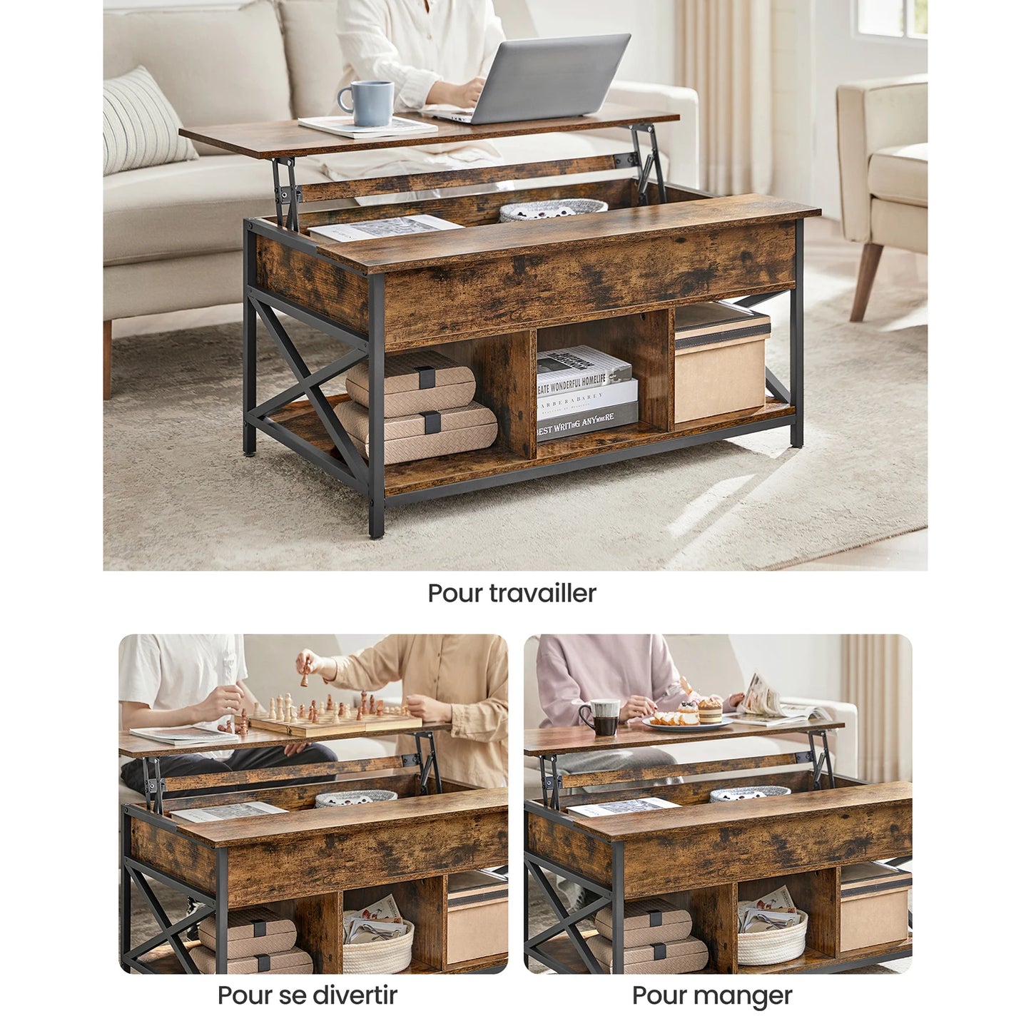 Table Basse Relevable Kaelan – Bois & Métal avec Rangement