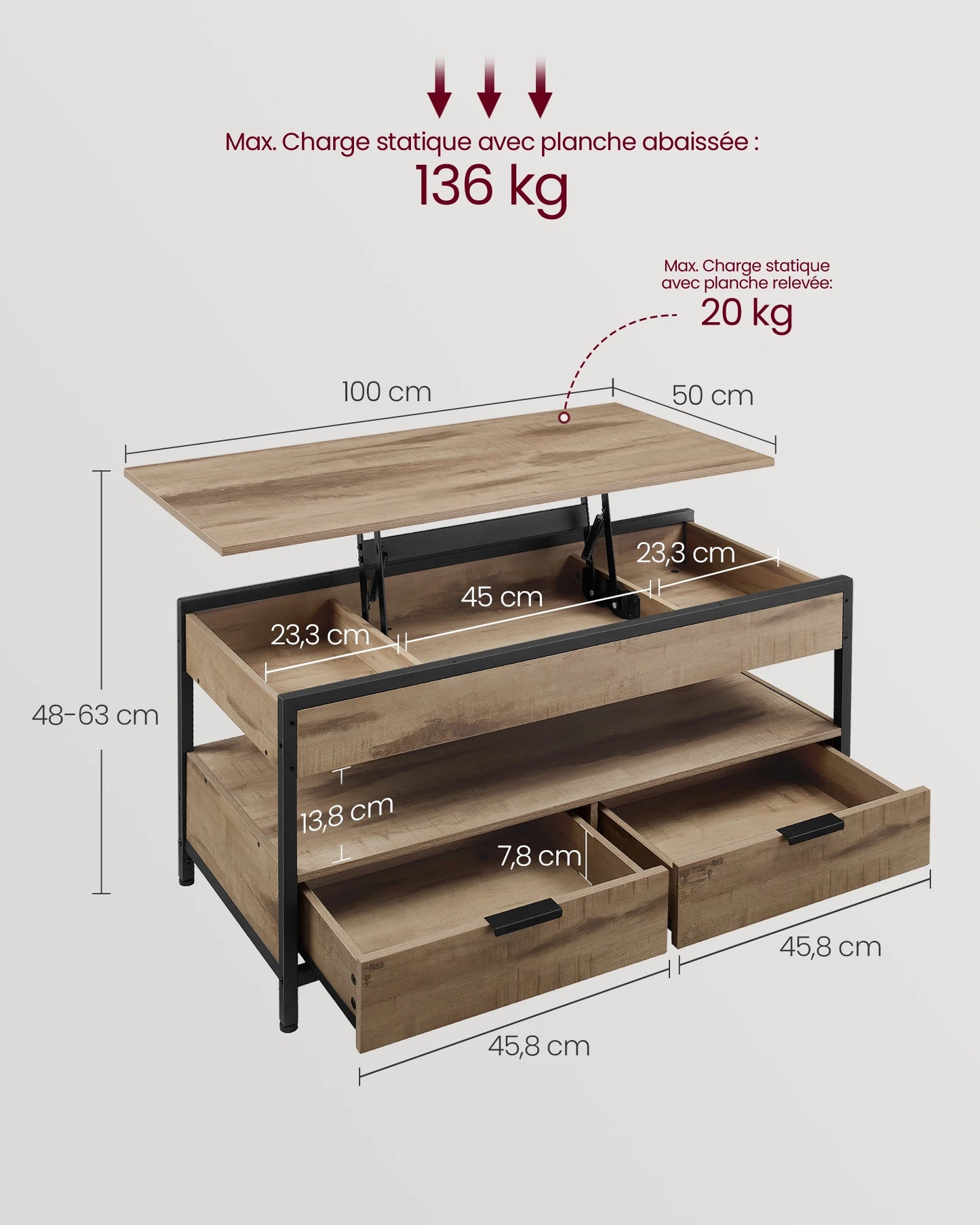 Table Basse Relevable Torino – Bois & Métal avec Tiroirs