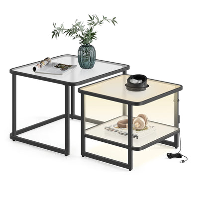 Tables Basses Gigognes Lumea – Ensemble Carré Verre Givré & Métal avec LED