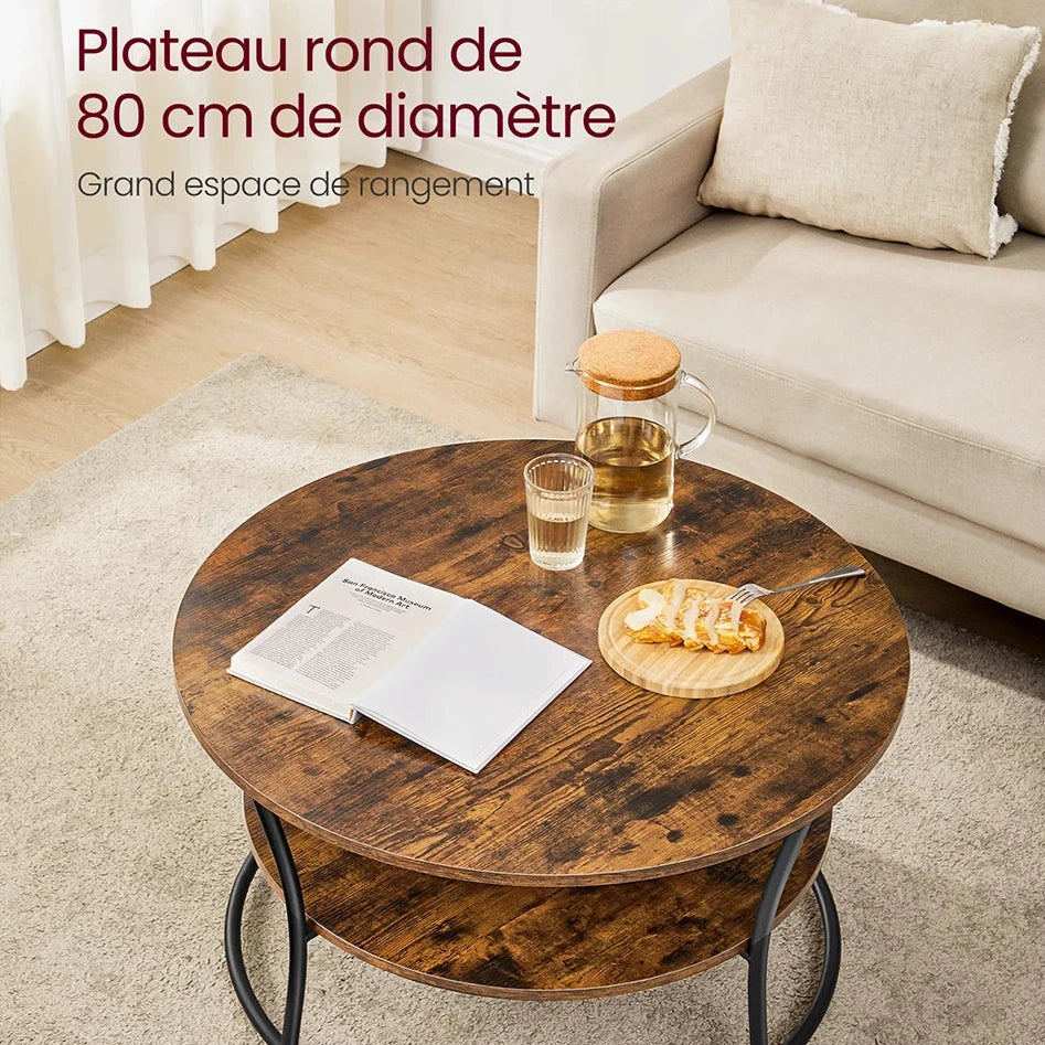 Table Basse Ronde Hudson – Bois Rustique & Métal Noir (Deux Niveaux de Rangement)