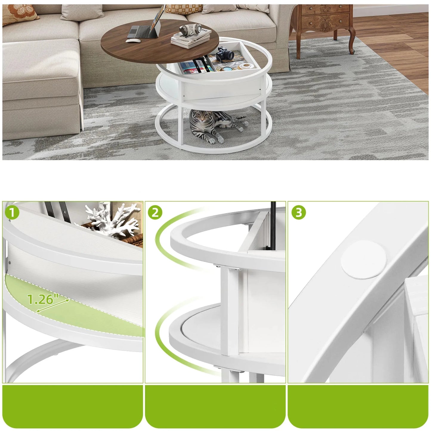 Table Basse Relevable Capri – Ronde avec Rangements Intégrés
