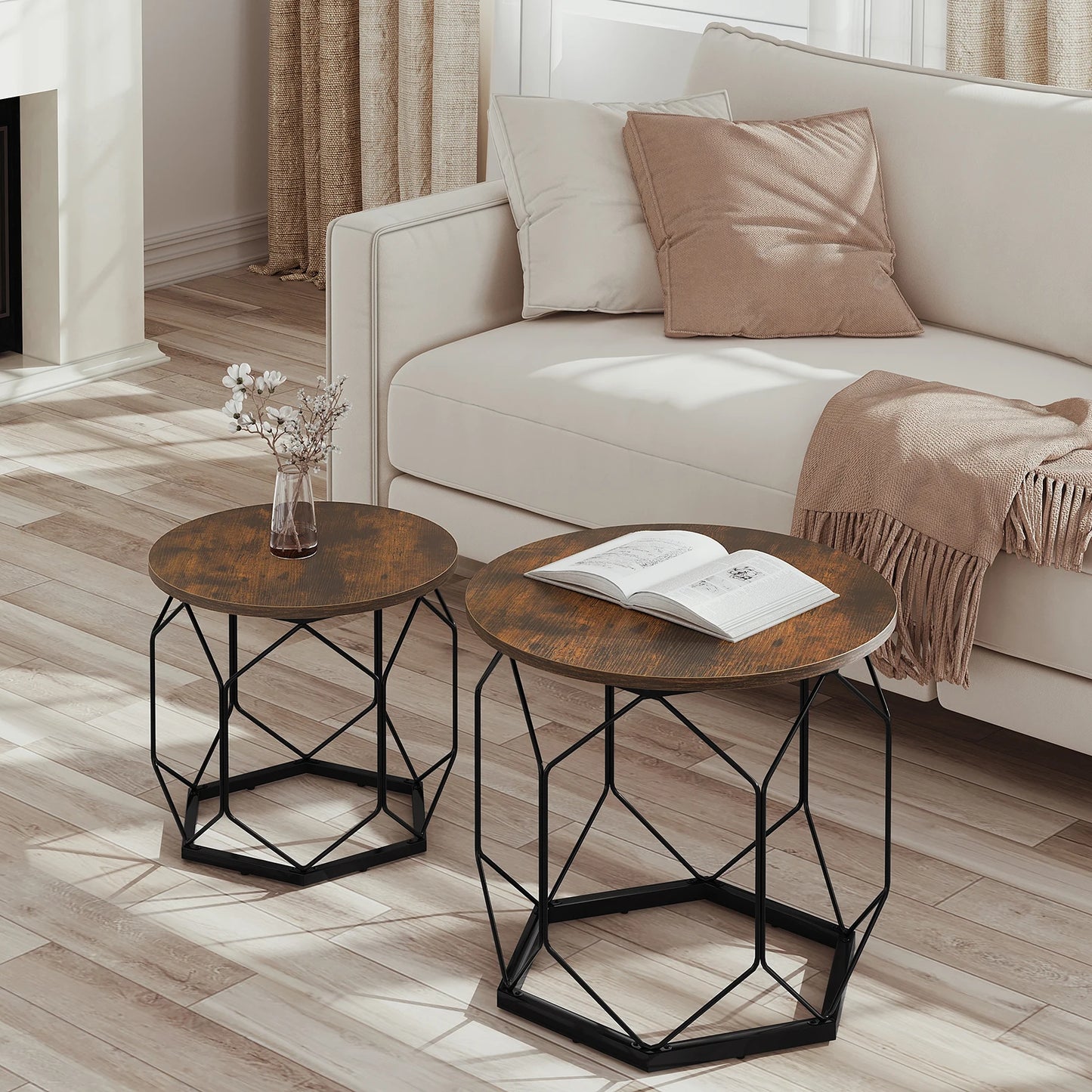 Tables Gigognes Dune – Bois Naturel & Métal Noir (Ensemble de 2 avec Rangement Intégré)