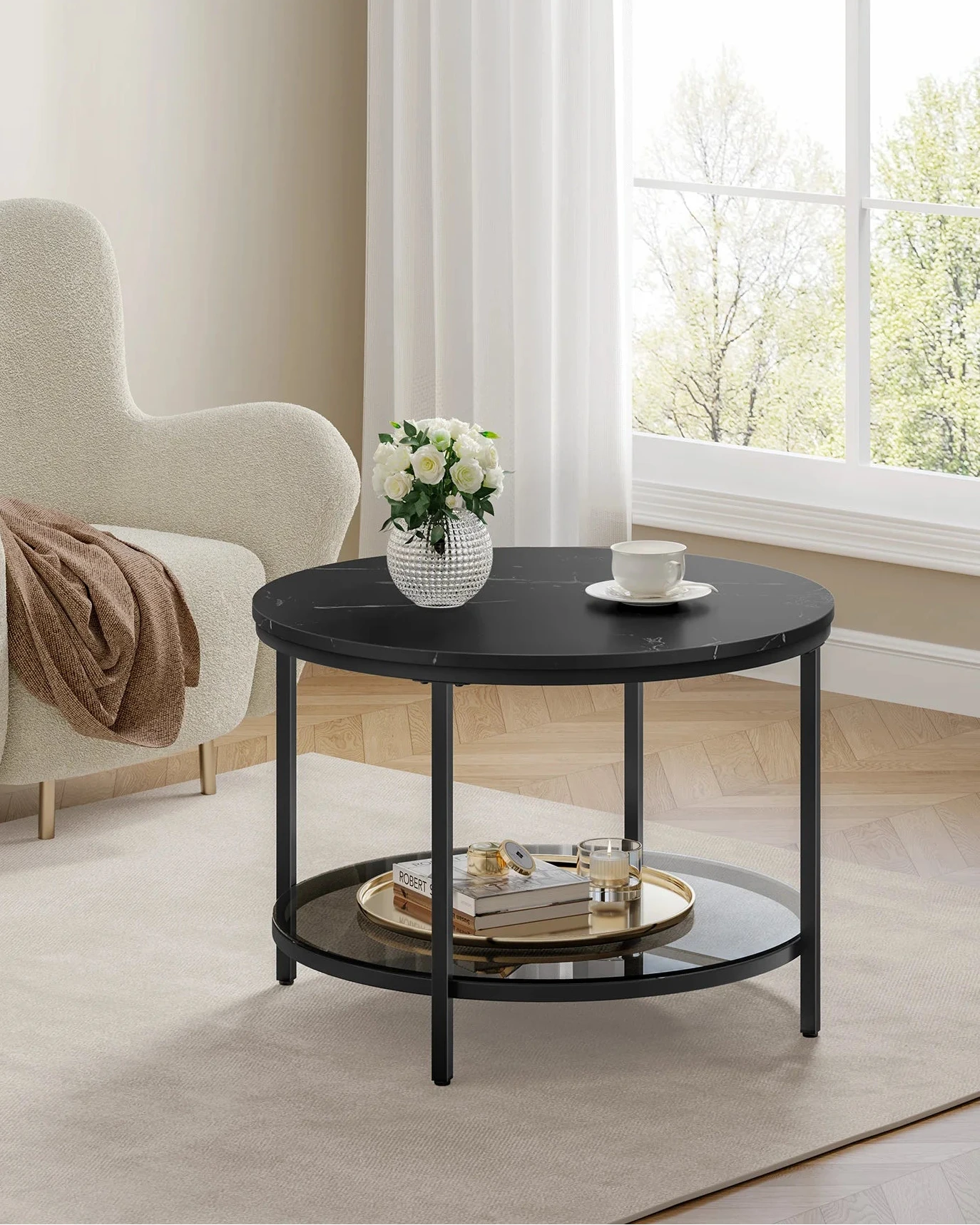 Table Basse Ronde Lyra - Effet Marbre et Double Plateau Verre