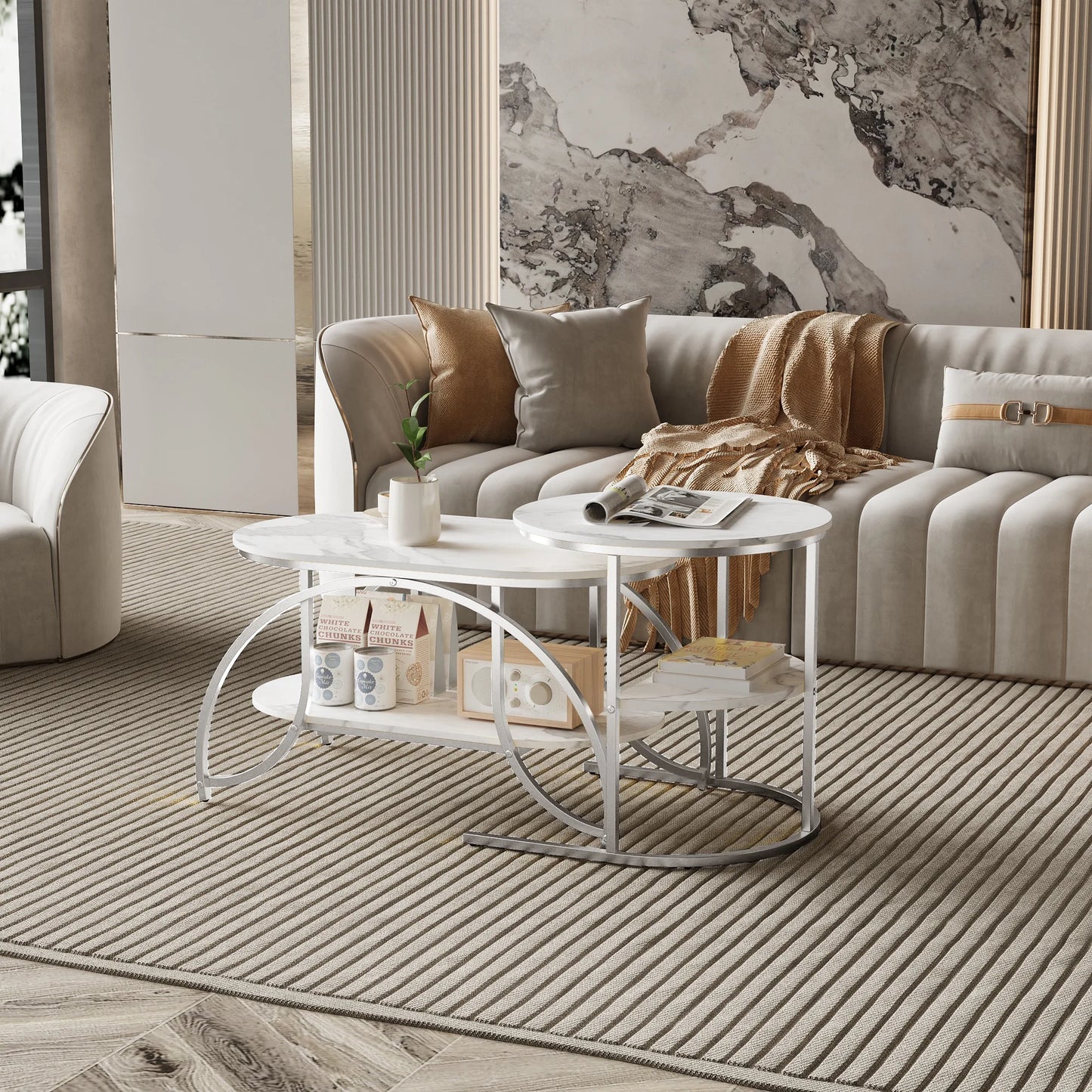 Tables Basses Gigognes Arcos – Ensemble Rectangulaire & Ovale Effet Marbre