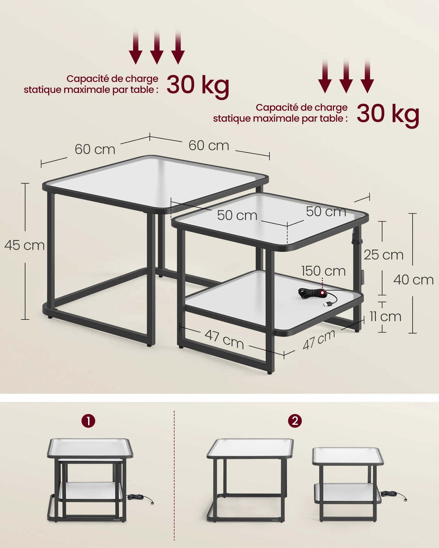 Tables Basses Gigognes Lumea – Ensemble Carré Verre Givré & Métal avec LED
