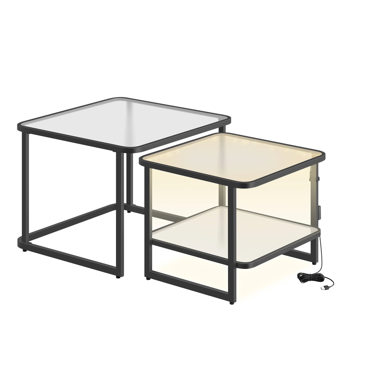 Tables Basses Gigognes Lumea – Ensemble Carré Verre Givré & Métal avec LED