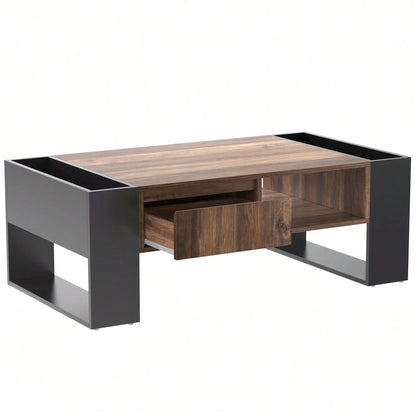 Table Basse En Bois Elora – Effet Bois & Noir avec Tiroir et Rangement Multiples