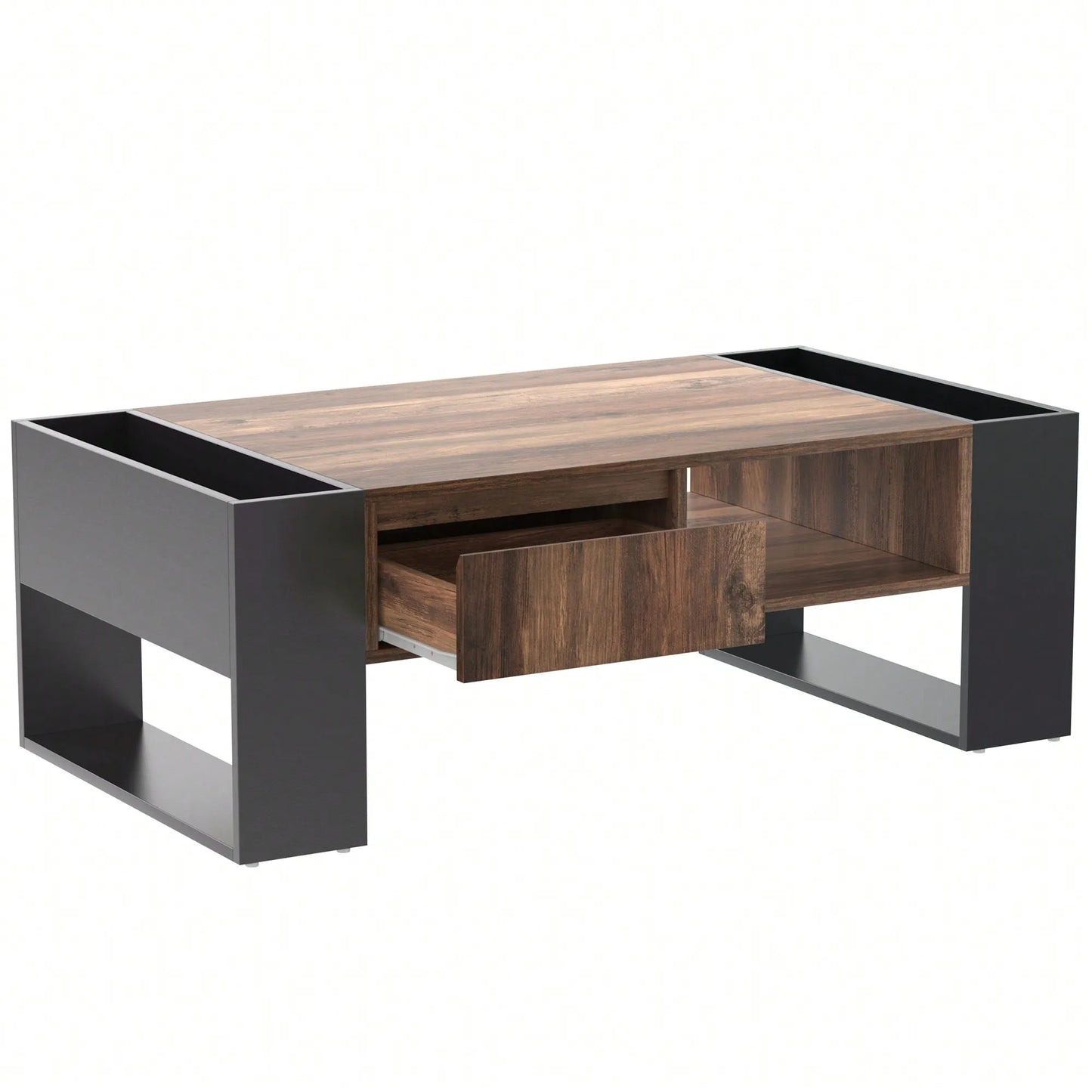 Table Basse En Bois Elora – Effet Bois & Noir avec Tiroir et Rangement Multiples