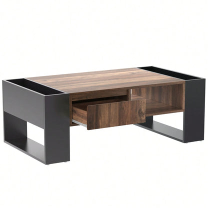 Table Basse En Bois Elora – Effet Bois & Noir avec Tiroir et Rangement Multiples