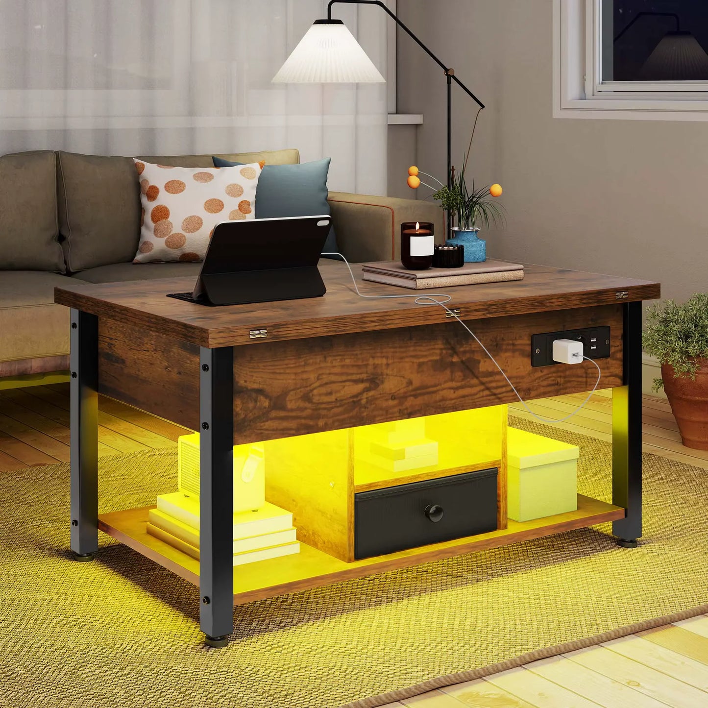 Table Basse 4-en-1 Ardan – Hauteur Réglable avec Rangement & Éclairage LED