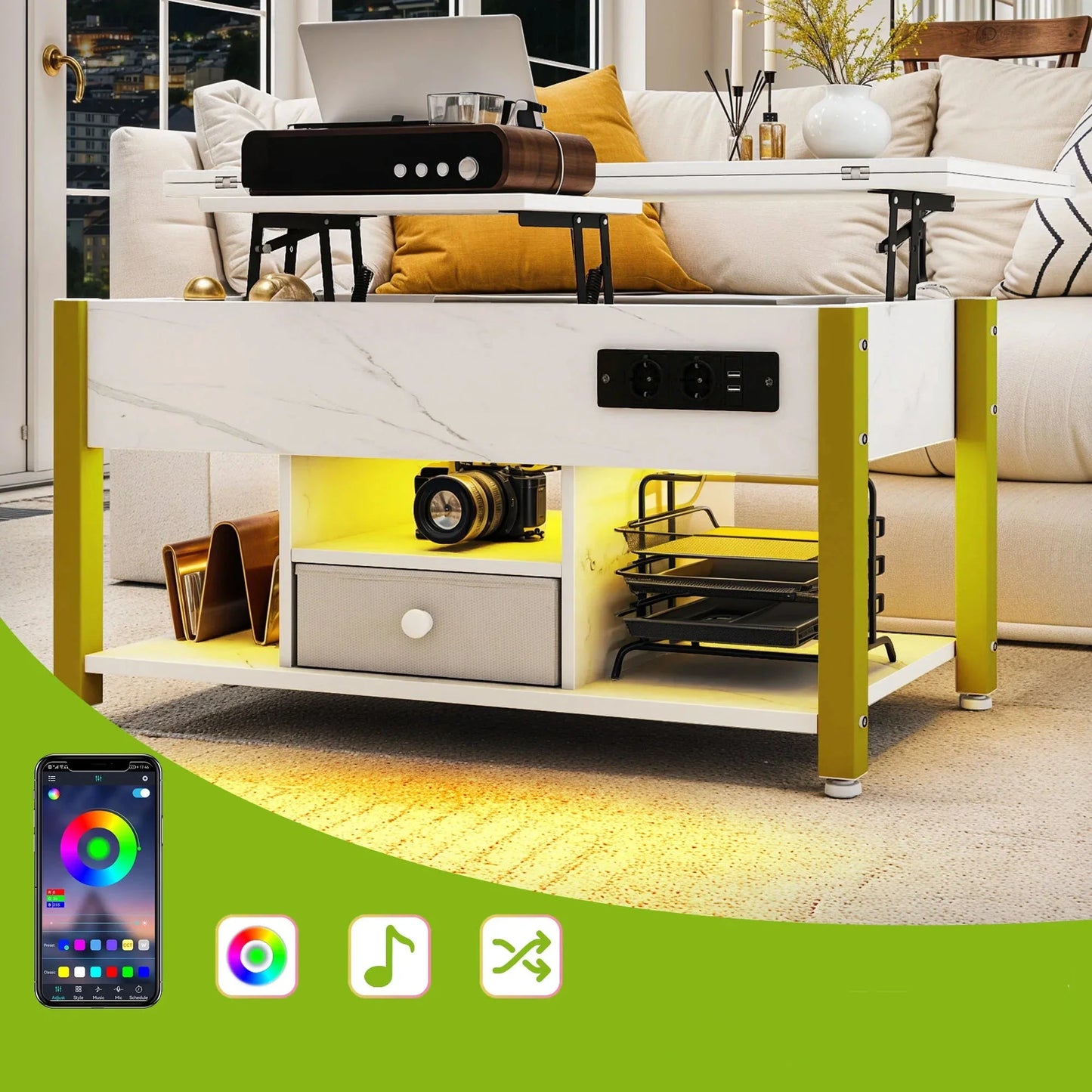 Table Basse 4-en-1 Ardan – Hauteur Réglable avec Rangement & Éclairage LED