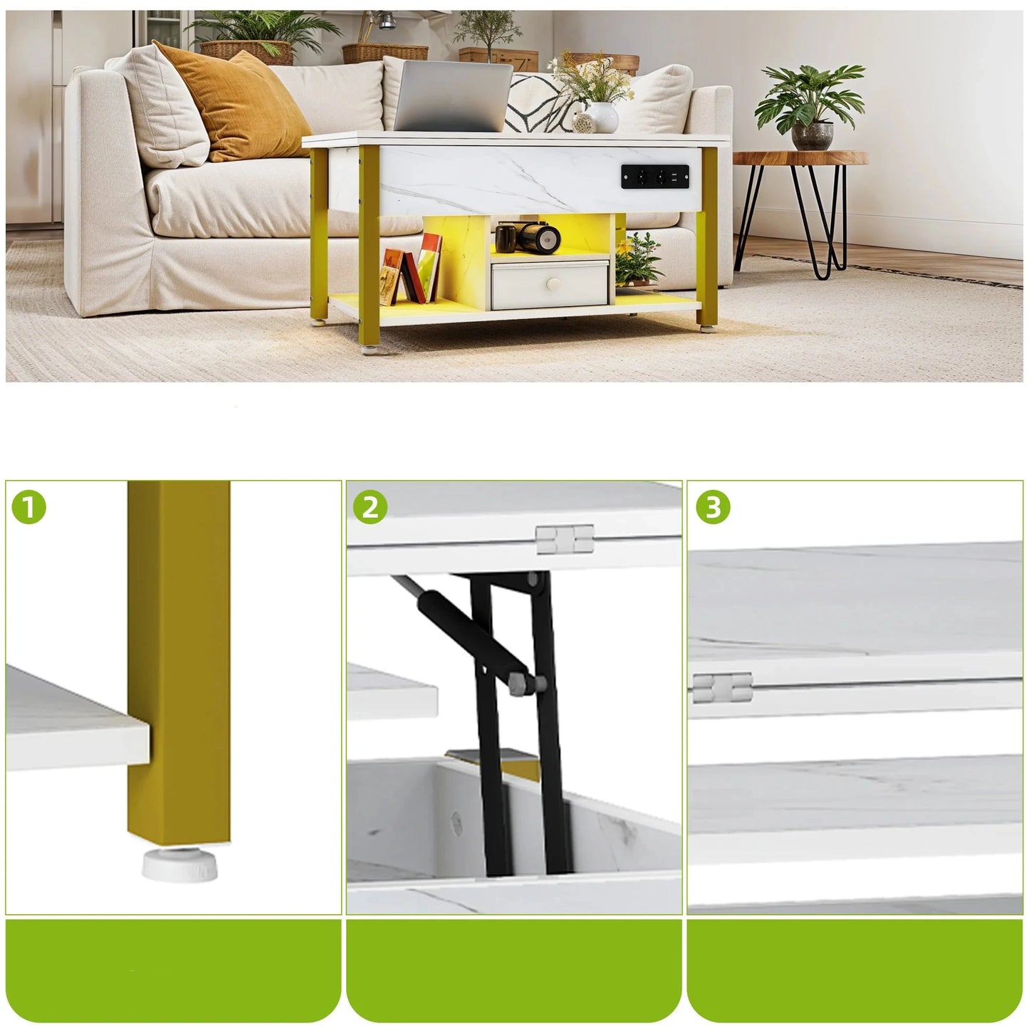 Table Basse 4-en-1 Ardan – Hauteur Réglable avec Rangement & Éclairage LED