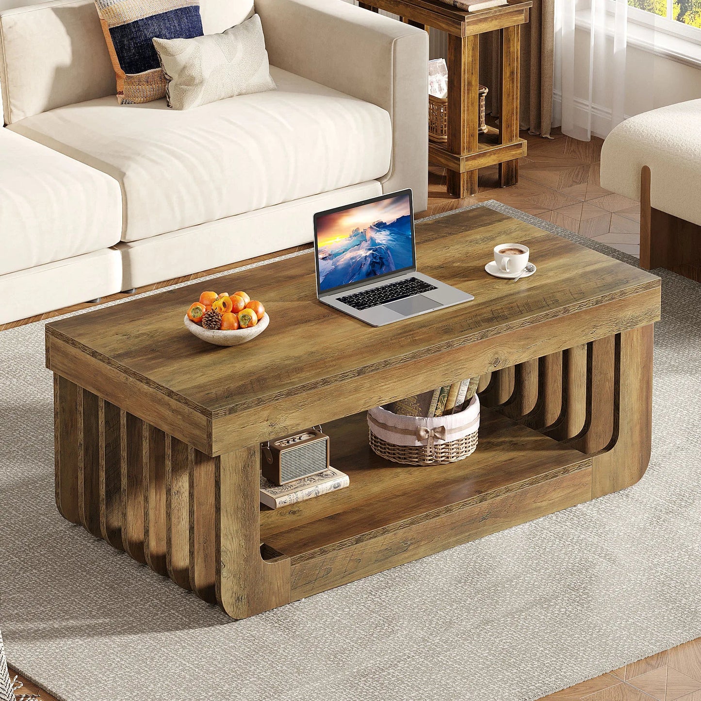 Table Basse En Bois Noa – Style Rustique Moderne & Rangement à Double Niveau