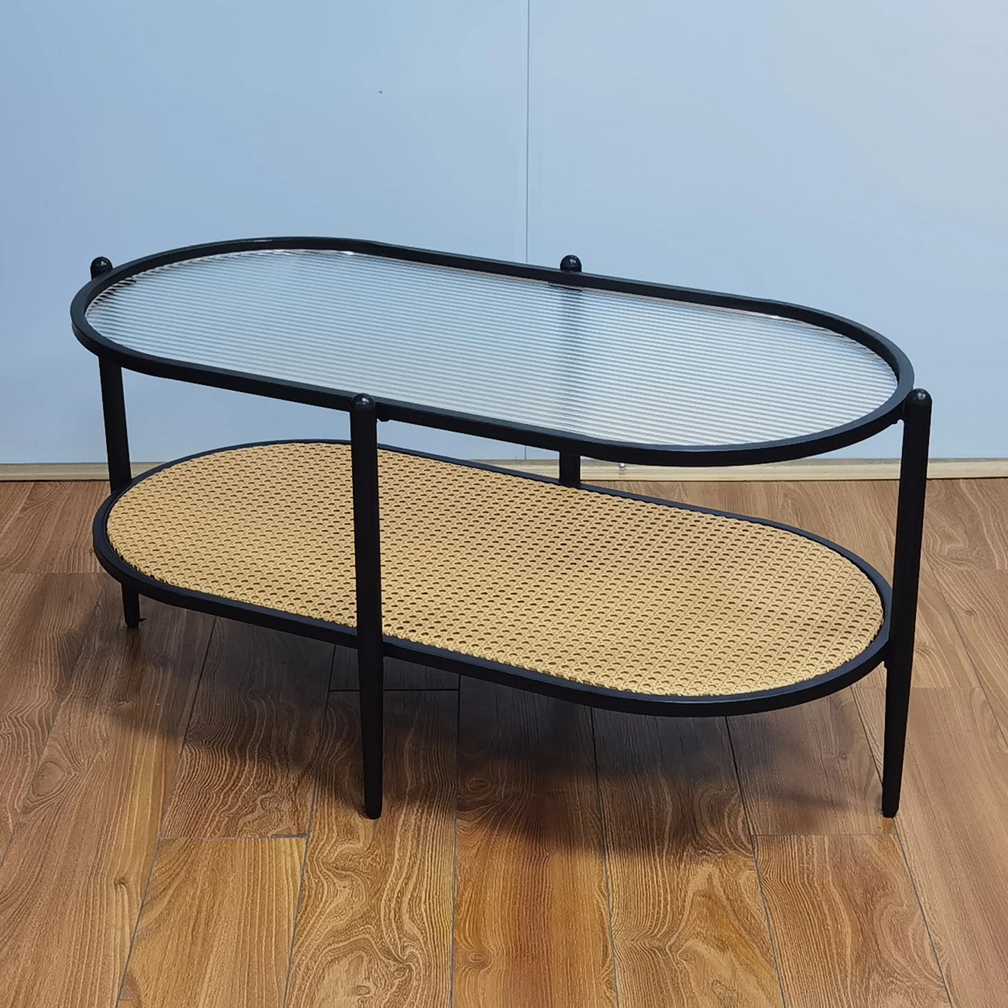 Table Basse Ovale Nola - Design Verre Ondulé et Cannage