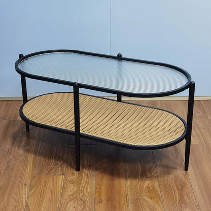 Table Basse Ovale Nola - Design Verre Ondulé et Cannage