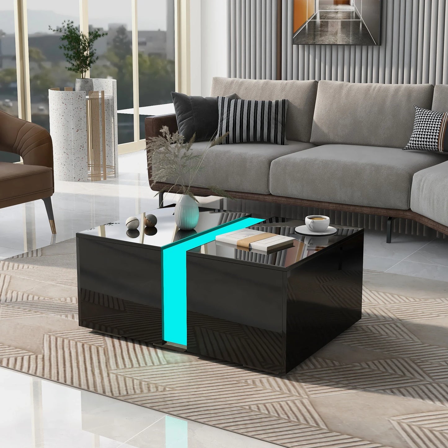 Table Basse En Verre Orion – Noir Brillant avec Tiroir de Rangement