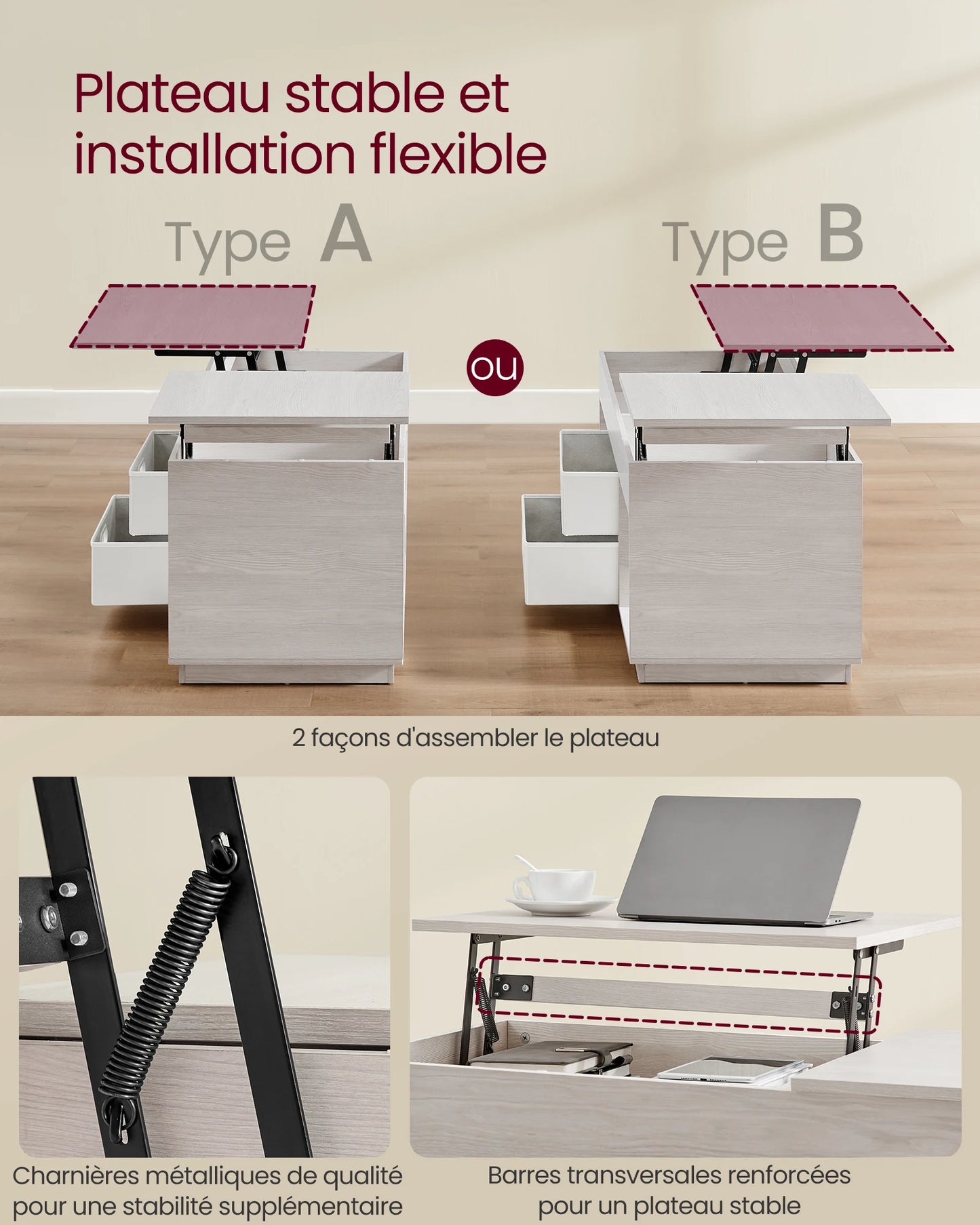 Table Basse Relevable Design Vienna – Double Plateau avec Rangements