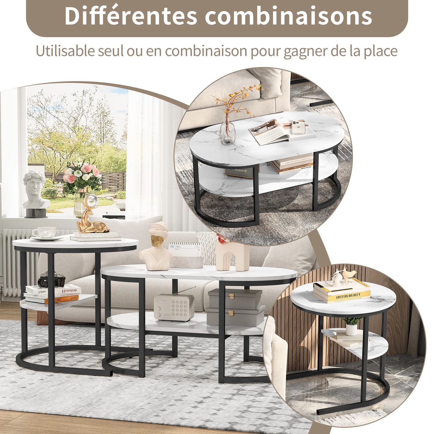 Tables Basses Gigognes Marbre Avela – Ronde & Ovale avec Rangements