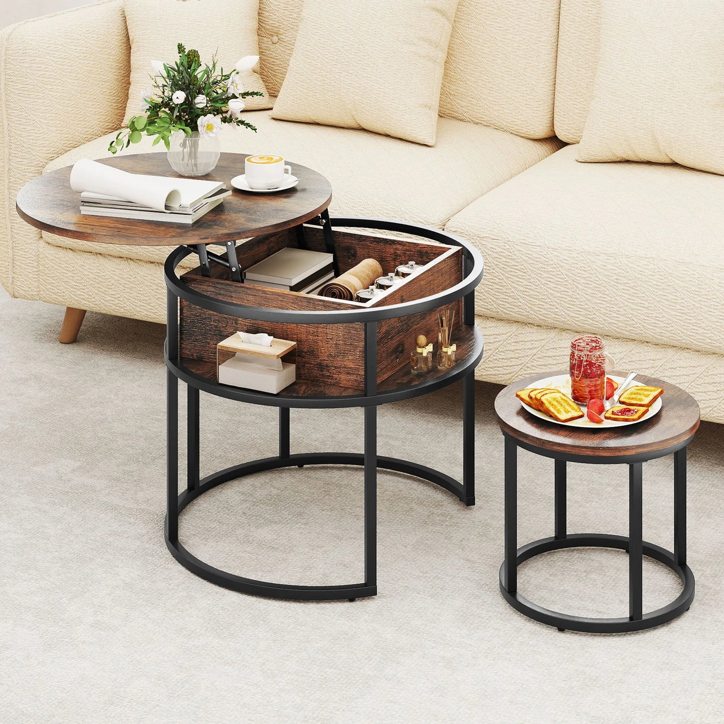 Tables Basses Gigognes Nesto – Ensemble Rond Vintage Bois & Métal avec Plateau Relevable