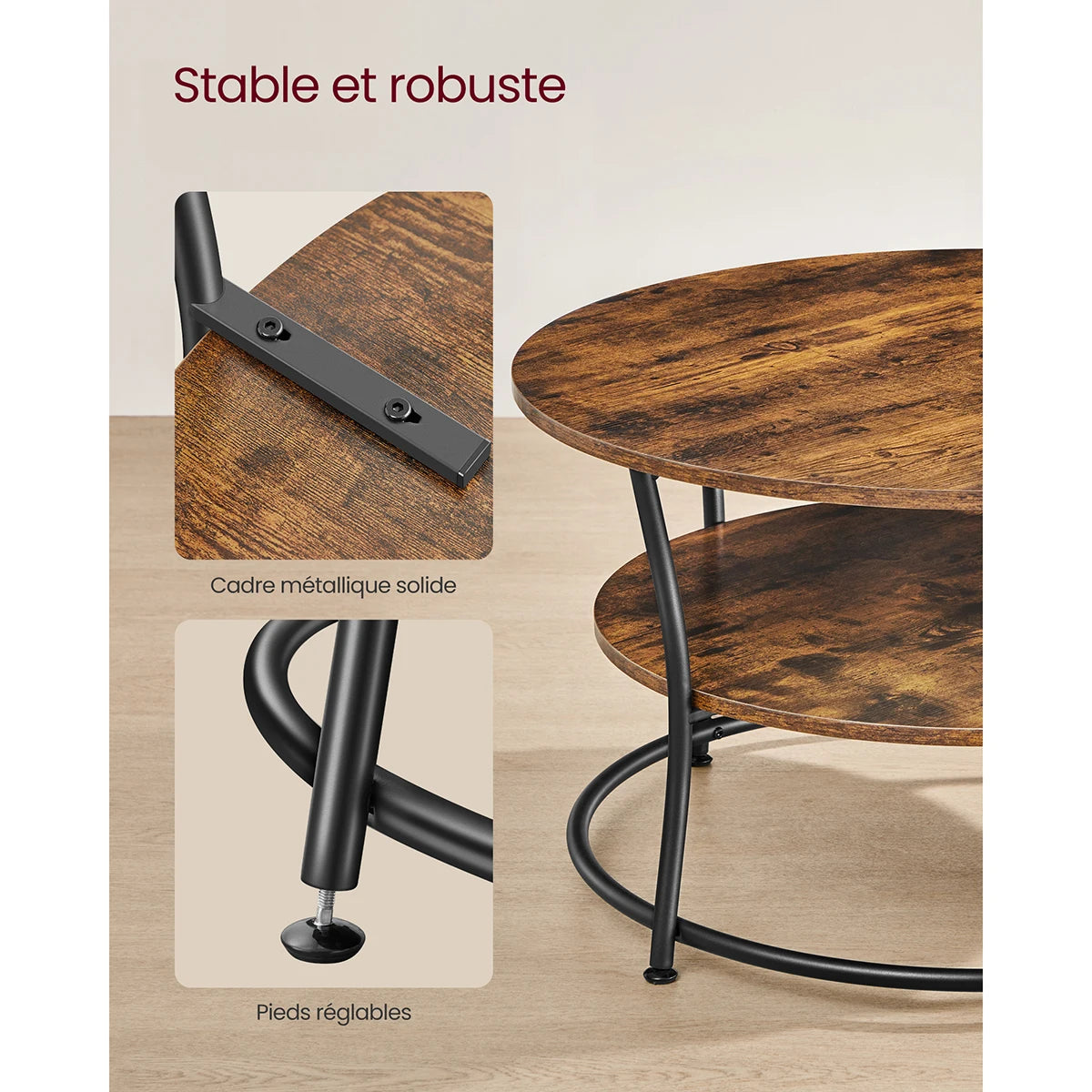 Table Basse Ronde Hudson – Bois Rustique & Métal Noir (Deux Niveaux de Rangement)