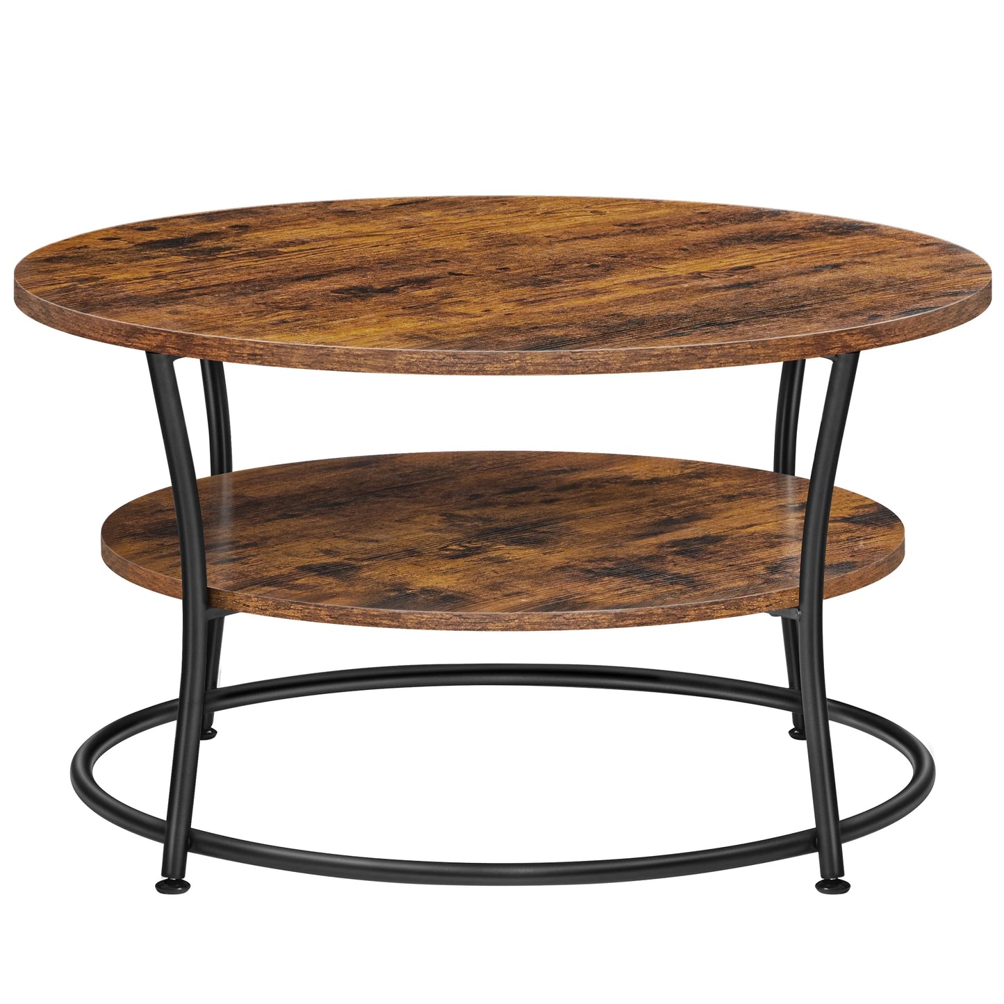 Table Basse Ronde Hudson – Bois Rustique & Métal Noir (Deux Niveaux de Rangement)