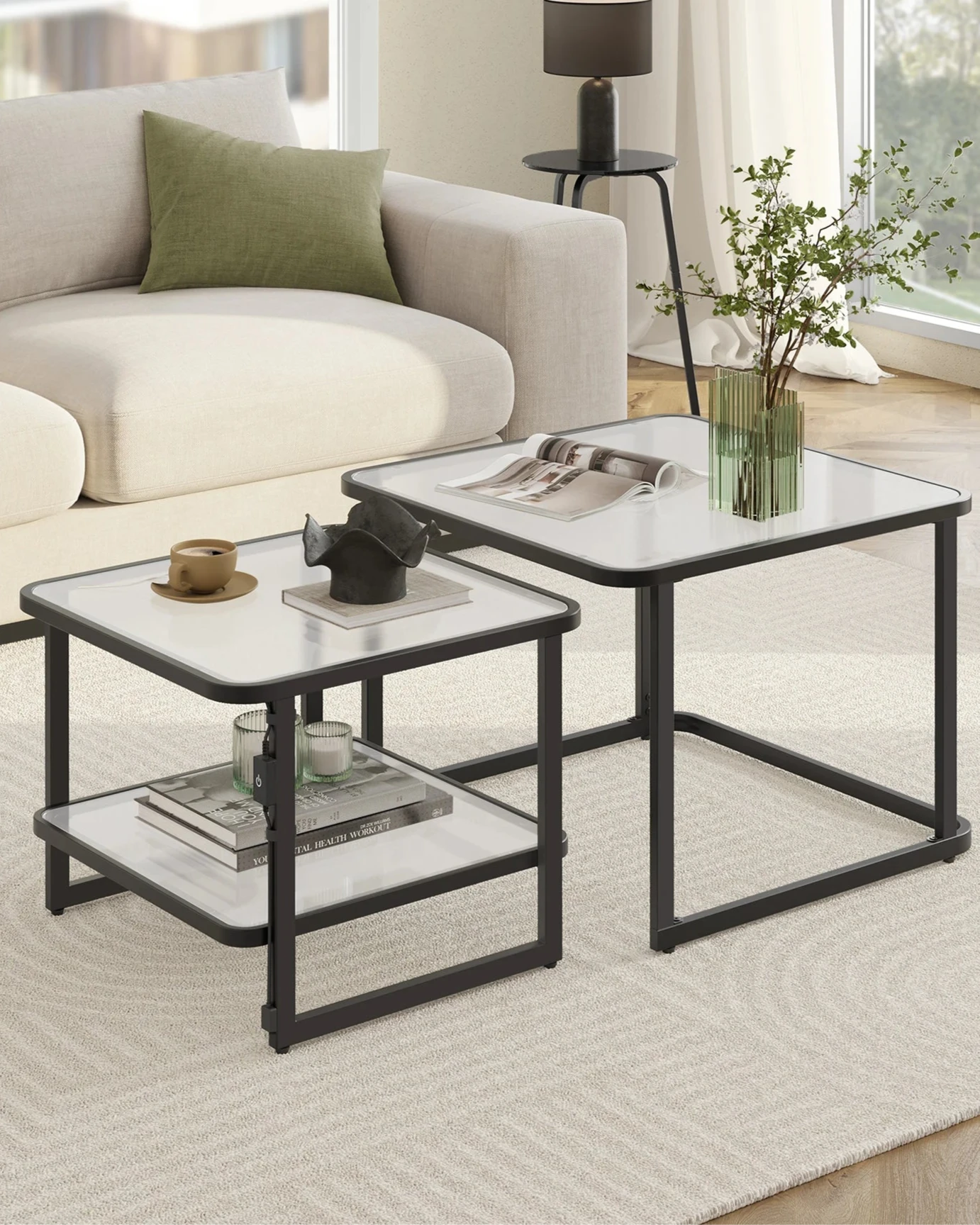 Tables Basses Gigognes Lumea – Ensemble Carré Verre Givré & Métal avec LED