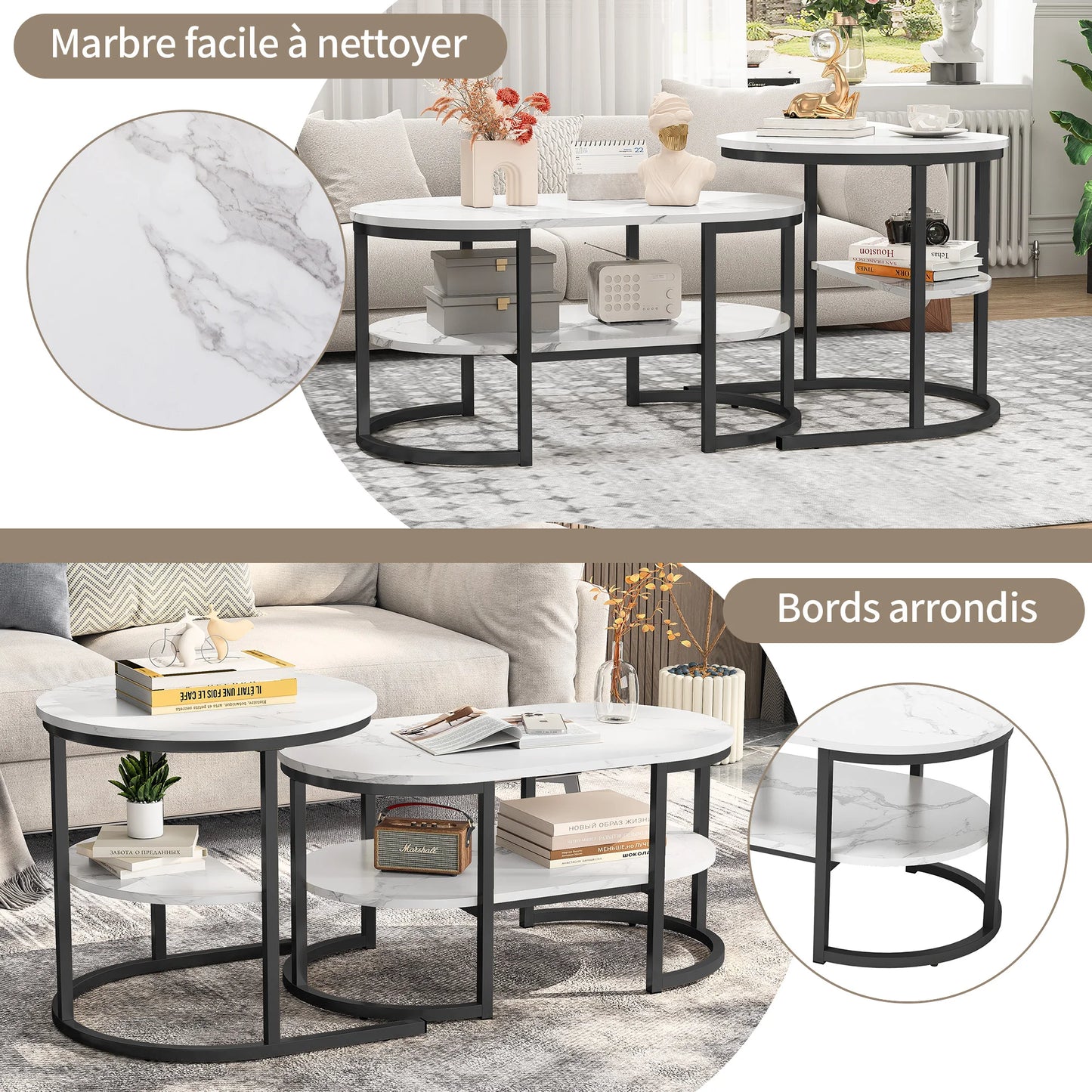 Tables Basses Gigognes Marbre Avela – Ronde & Ovale avec Rangements