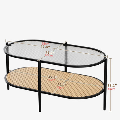 Table Basse Ovale Nola - Design Verre Ondulé et Cannage