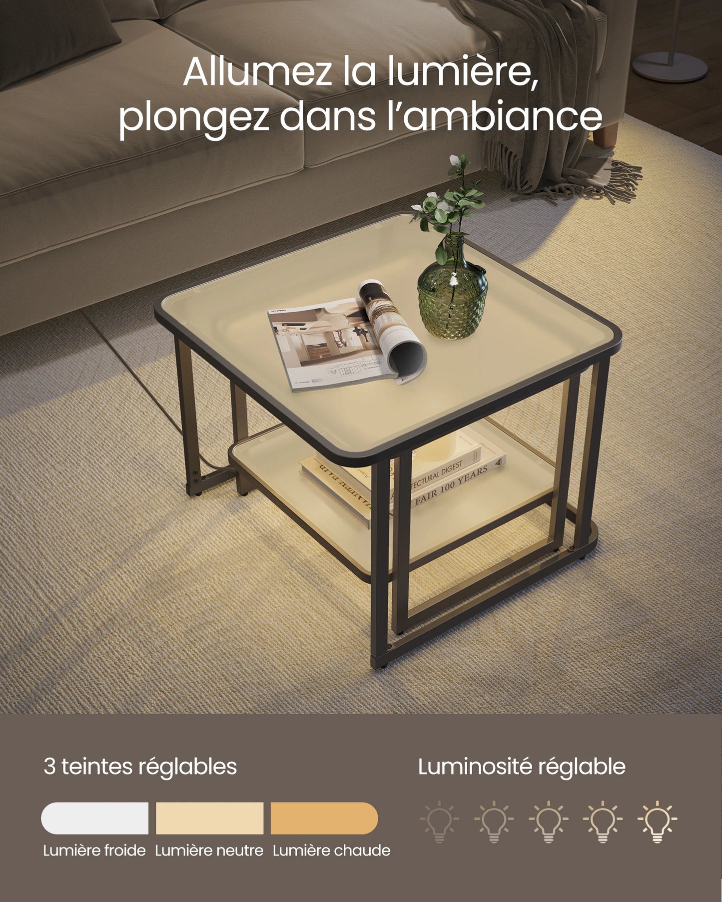 Tables Basses Gigognes Lumea – Ensemble Carré Verre Givré & Métal avec LED