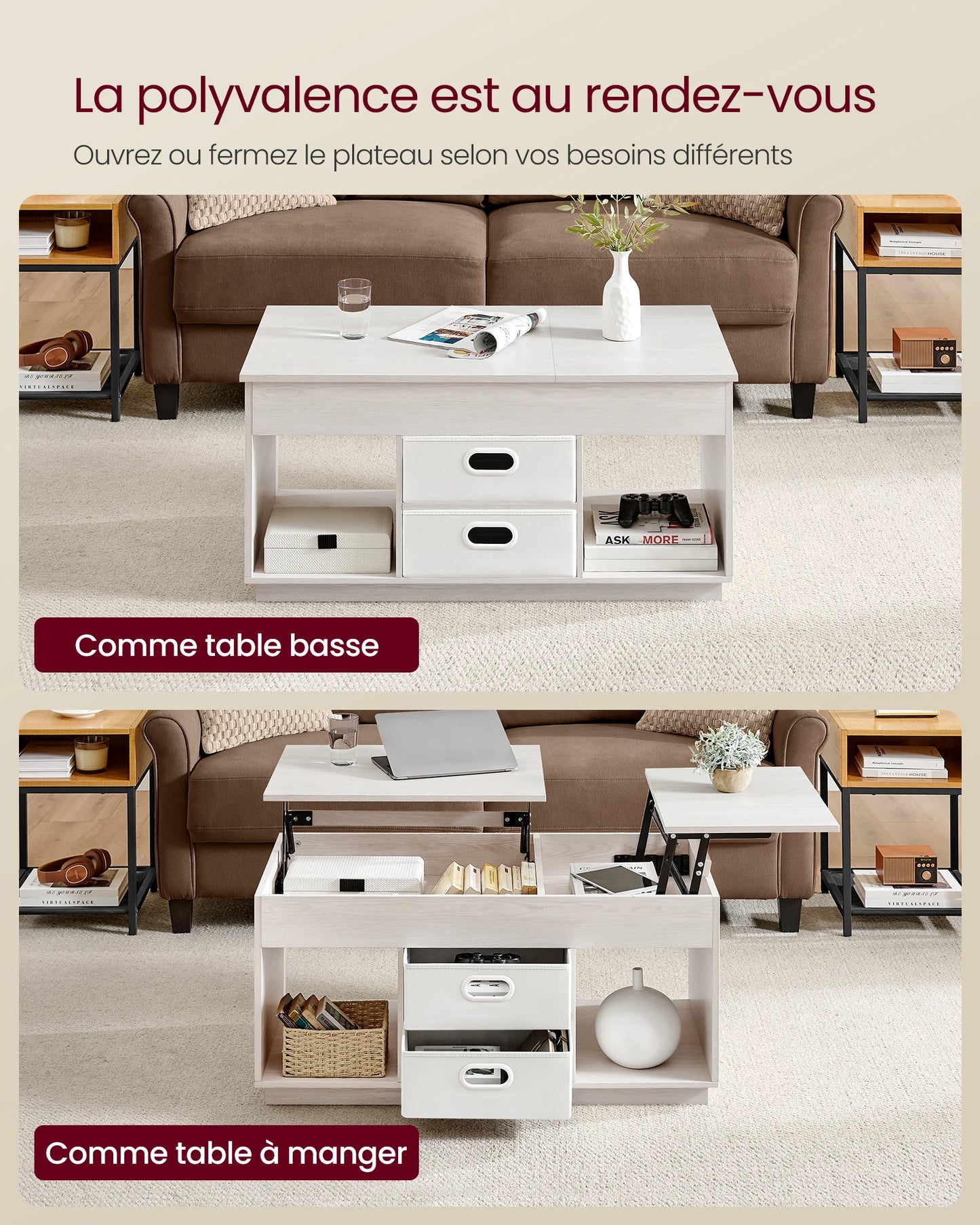 Table Basse Relevable Design Vienna – Double Plateau avec Rangements