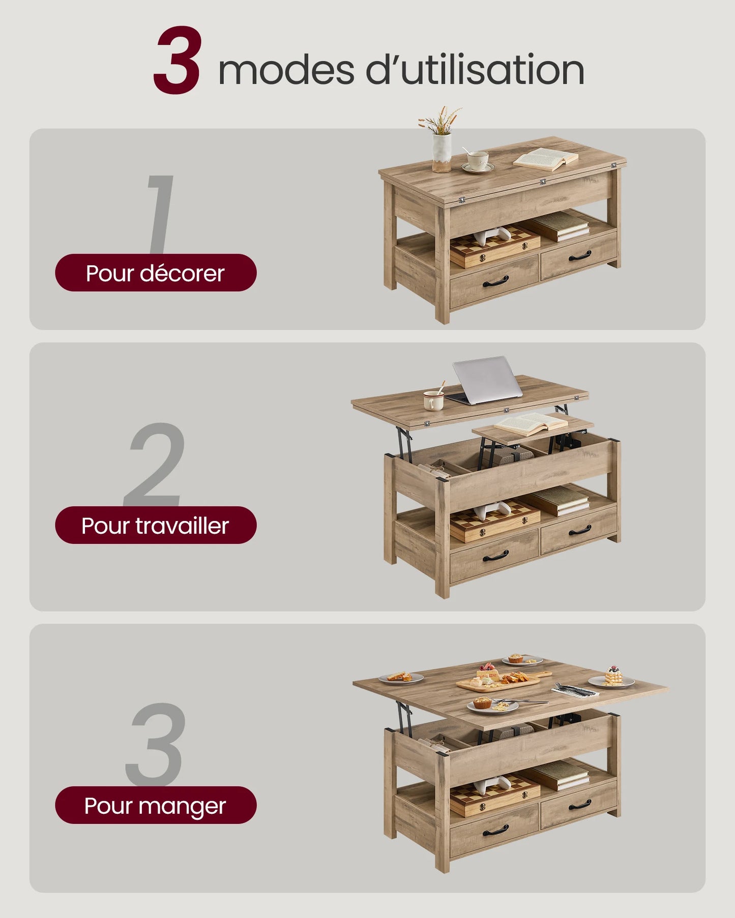 Table Basse Relevable Varda - Double Plateau et Rangement Optimisé