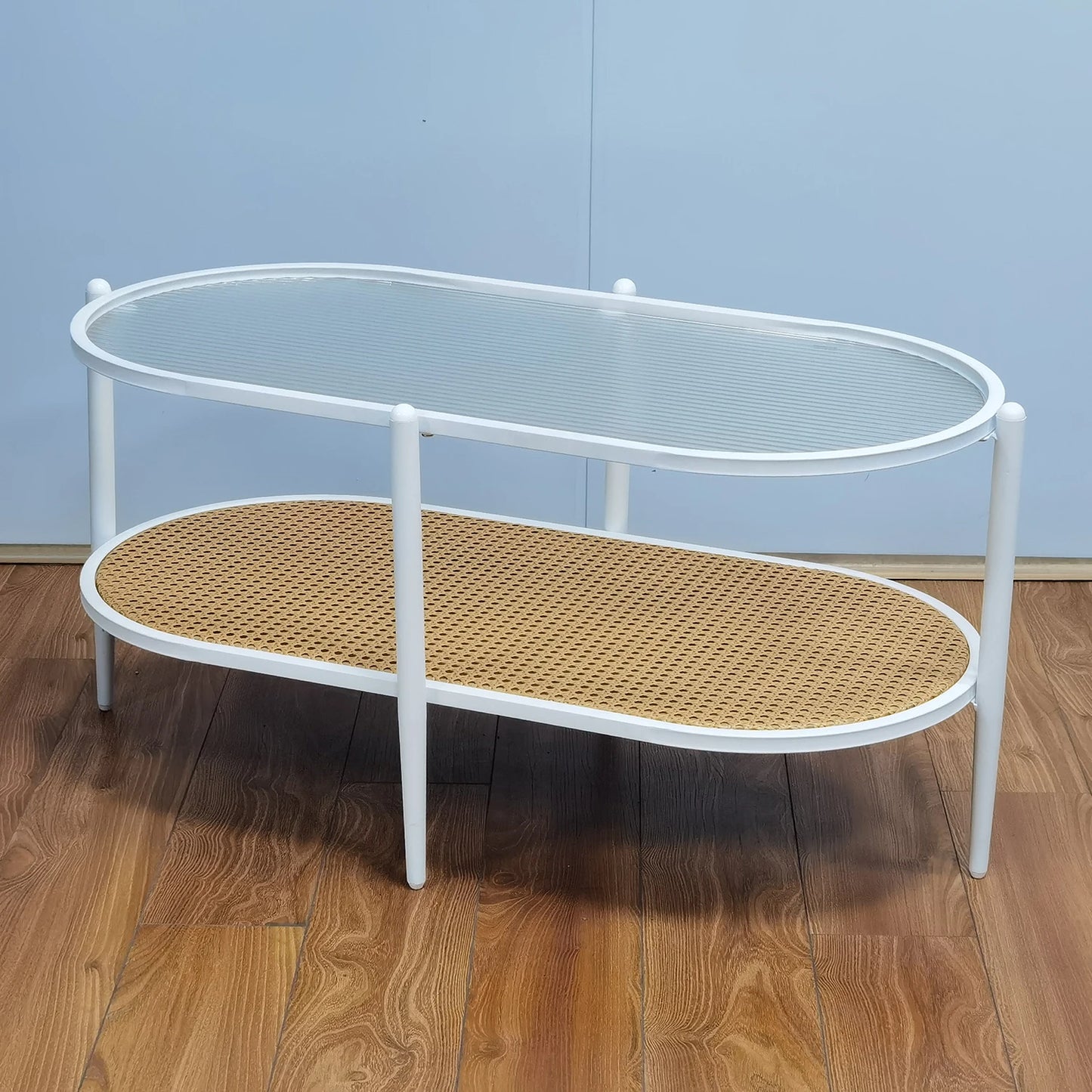 Table Basse Ovale Nola - Design Verre Ondulé et Cannage