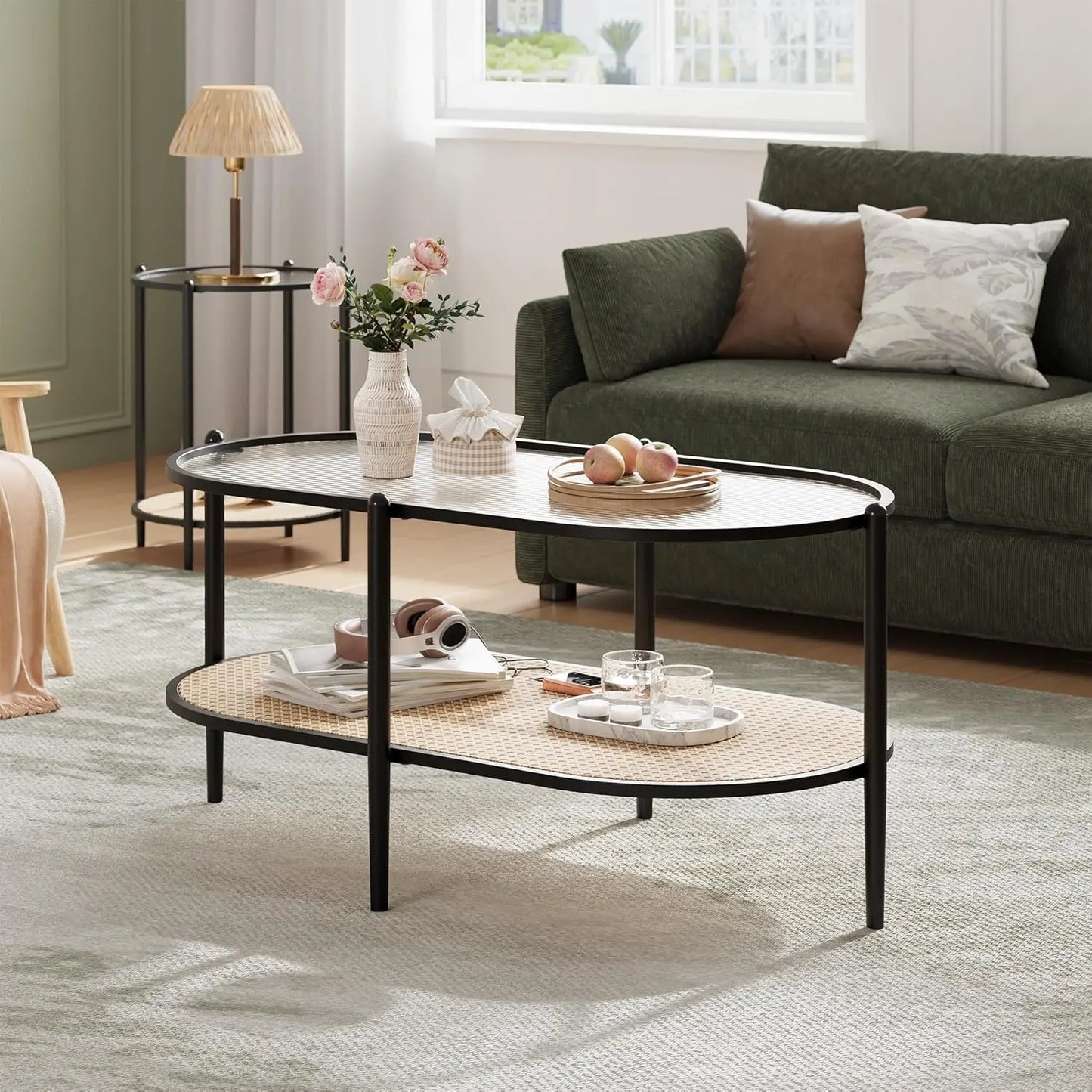 Table Basse Ovale Nola - Design Verre Ondulé et Cannage