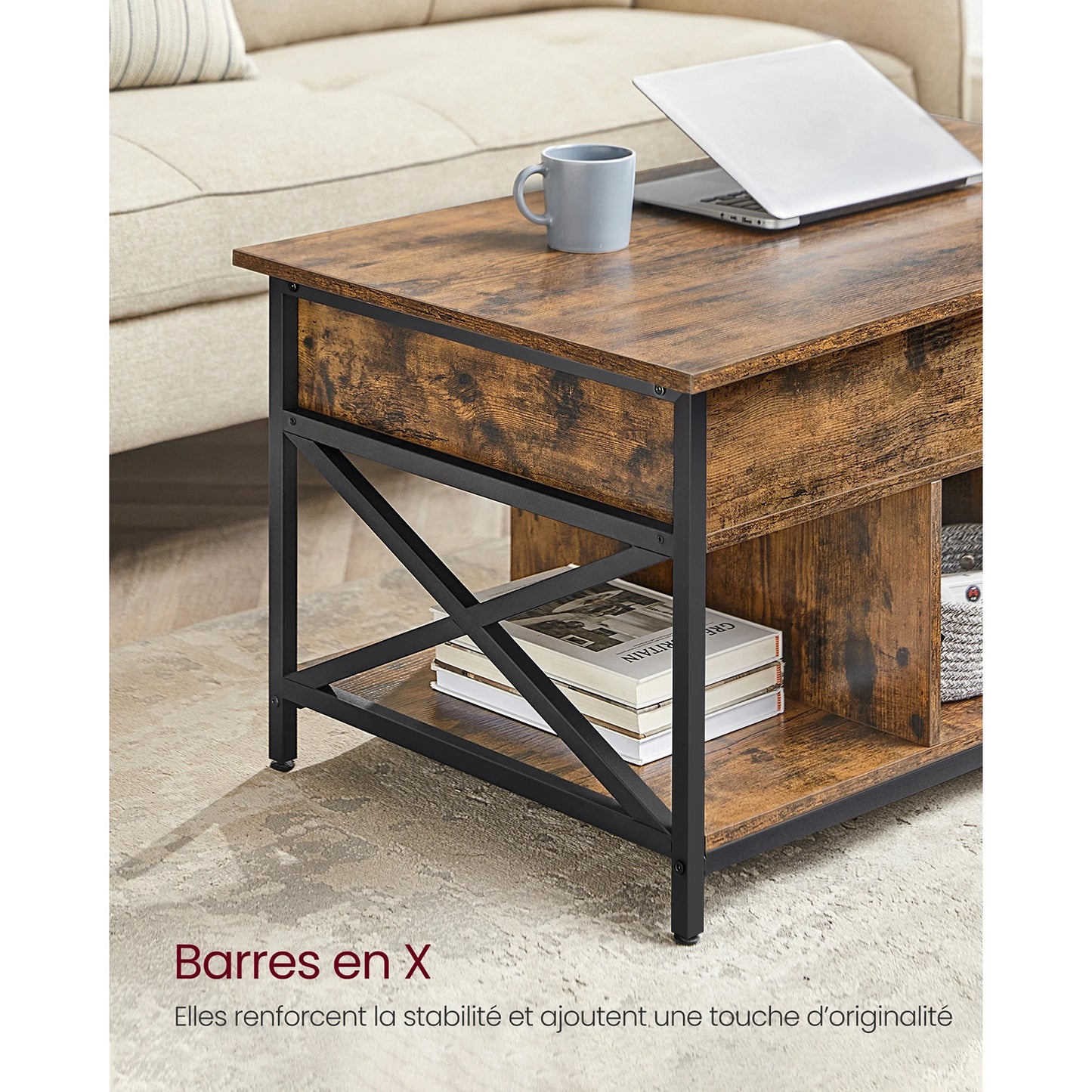 Table Basse Relevable Kaelan – Bois & Métal avec Rangement