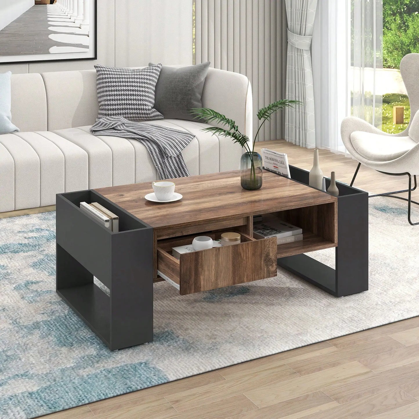Table Basse En Bois Elora – Effet Bois & Noir avec Tiroir et Rangement Multiples
