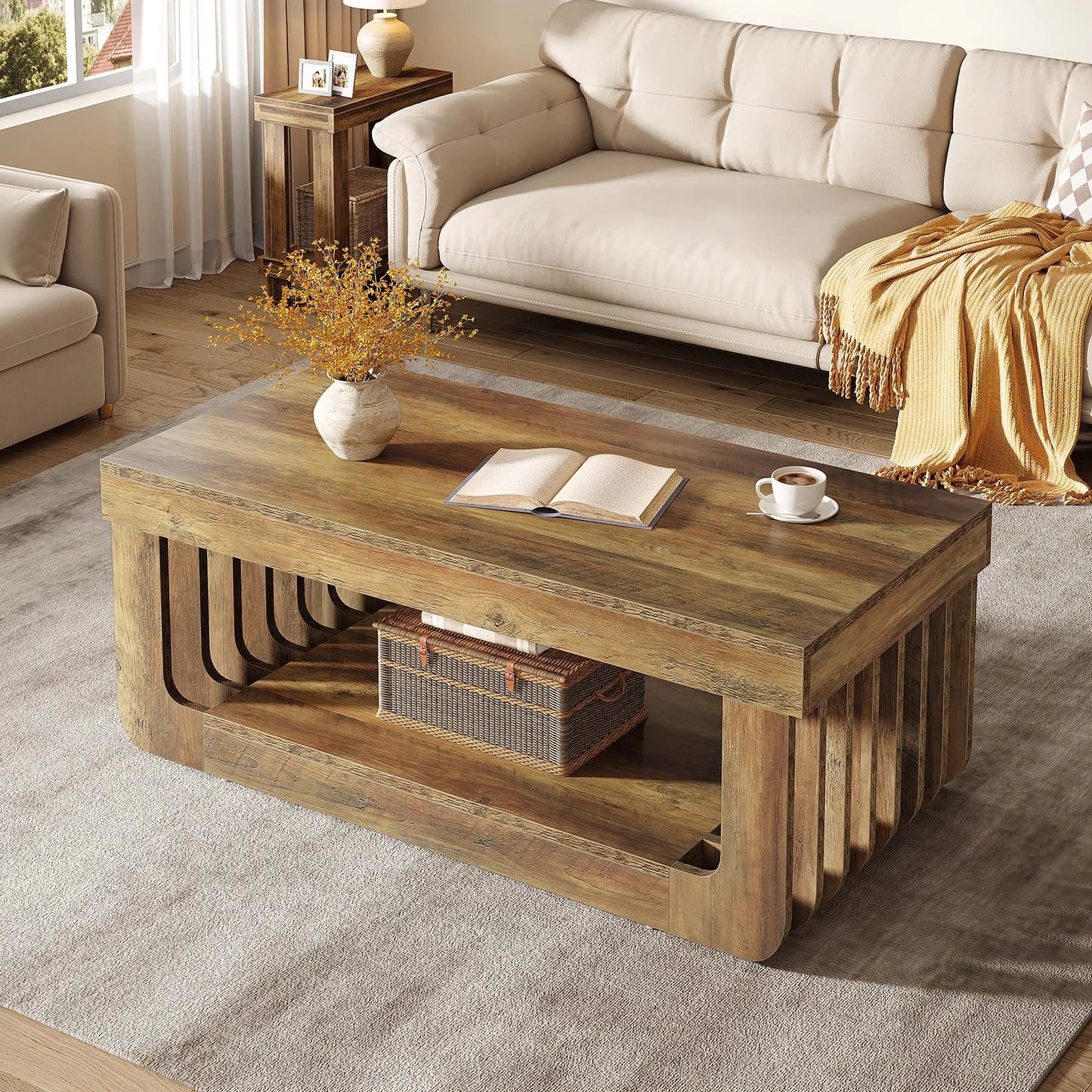 Table Basse En Bois Noa – Style Rustique Moderne & Rangement à Double Niveau