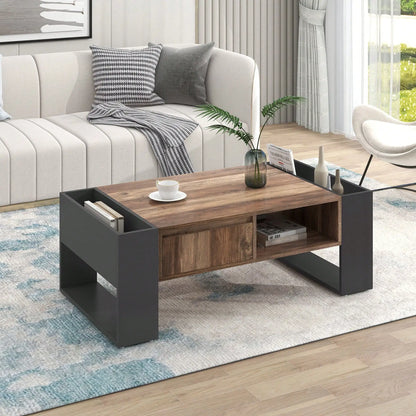 Table Basse En Bois Elora – Effet Bois & Noir avec Tiroir et Rangement Multiples