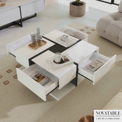 Table Basse En Bois Lumina – Carrée Blanc & Noir Brillant avec Rangements