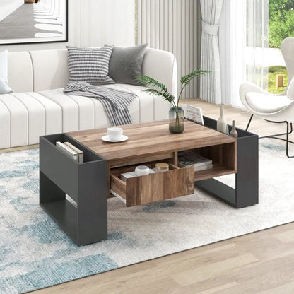 Table Basse En Bois Elora – Effet Bois & Noir avec Tiroir et Rangement Multiples